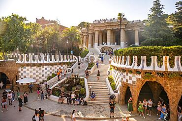 Entrance area and entrance stairs, Park Gueell, park by Antoni Gaudi, Barcelona, Catalonia, Spain, Europe