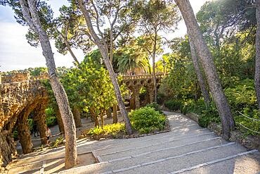 Walkway of a pedestrian bridge, Park Gueell, park by Antoni Gaudi, Barcelona, Catalonia, Spain, Europe