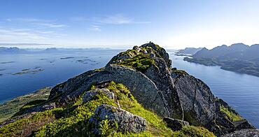 Peak of Dronningsvarden or Stortinden, Behind Sea and Fjord Raftsund, Vesteralen, Norway, Europe