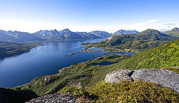 Fjord Raftsund and mountains, view from the top of Dronningsvarden or Stortinden, Vesteralen, Norway, Europe