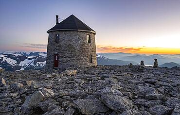 DNT's old mountain hut Skalatarnet, at the top of Skala, at sunset, Loen, Norway, Europe