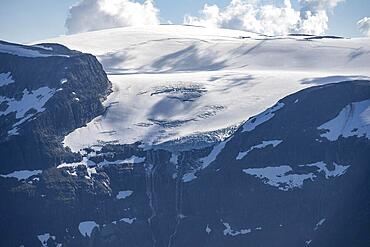 Mountains with glacier tongue of Jostedalsbreen, from the summit of Skala, Loen, Norway, Europe