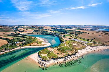 Aerial view of Bantham Beach and River Avon from a drone, South Hams, Devon, England, United Kingdom, Europe