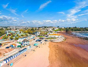 Goodrington Beach and Goodrington Promenade from a drone, Paignton, Devon, England, United Kingdom, Europe