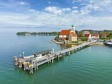 Aerial view of the moated castle peninsula on Lake Constance with the baroque church of St. George, jetty, Lindau district, Swabia, Bavaria, Germany, Europe