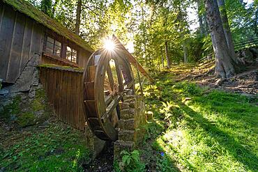 Historic water wheel in the sunshine, spa garden, Bad Wildbad, Black Forest, Germany, Europe