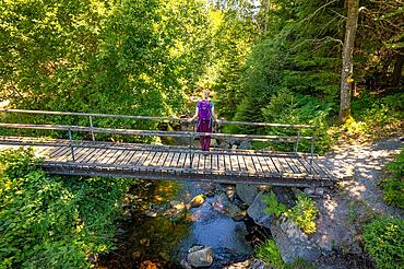 Woman standing on wooden bridge looking at the river on the hiking trail Sprollenhaeuser Hut, Bad Wildbad, Black Forest, Germany, Europe