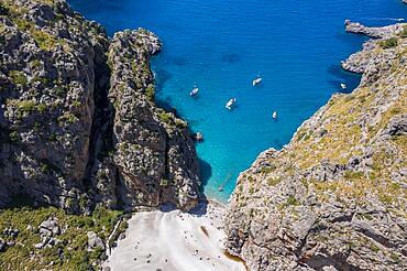 Aerial view, beach and rocks, Sa Calobra, Majorca, Balearic Islands, Spain, Europe