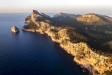 Aerial view, view of rocky cliffs and sea, Cap Formentor, coastal landscape, evening mood, Pollenca, Majorca, Balearic Islands, Spain, Europe