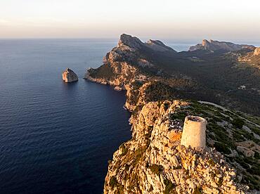 Aerial view, Albercutx watchtower, Talaia d'Albercutx, rocky cliffs and sea, Cap Formentor, coastal landscape, evening mood, Pollenca, Majorca, Balearic Islands, Spain, Europe