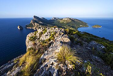 View of rocky cliffs and sea, Cap Formentor, coastal landscape, Pollenca, Majorca, Balearic Islands, Spain, Europe