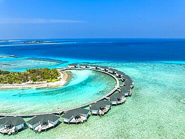 Aerial view, Kanuhuraa, Cinnamon Dhonveli Maldives, with beaches and water bungalows, North Male Atoll, Indian Ocean, Maldives, Asia