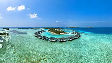 Aerial view, Kanuhuraa, Cinnamon Dhonveli Maldives, with beaches and water bungalows, North Male Atoll, Indian Ocean, Maldives, Asia