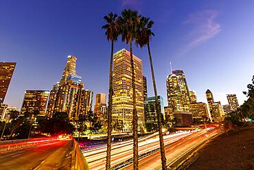 Downtown Los Angeles skyline with skyscrapers in the evening in Los Angeles, USA, North America