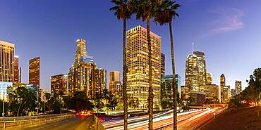 Downtown Los Angeles skyline panorama with skyscrapers in the evening in Los Angeles, USA, North America