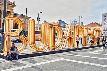 Lettering, wood, Heroes Square, Budapest, Hungary, Europe