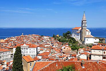 View of the old town from the city walls, Church of St. George, Piran, Slovenia, Europe