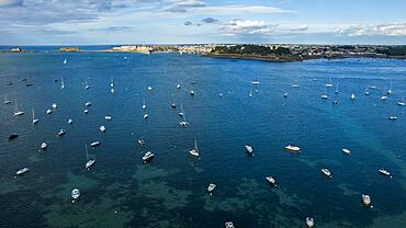 France, Ille et Vilaine, Cote d'Emeraude (Emerald Coast), Saint Malo, the walled city, Tower of Bidouanne (aerial view), Europe