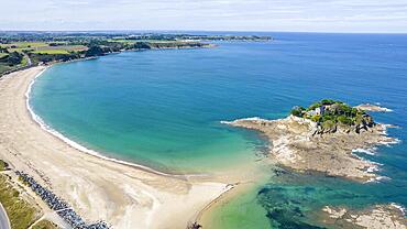 France, Departement Ille-et-Vilaine, Cote d'Emeraude (Emerald Coast), Cancale Plage du Guesclin (aerial view), Europe