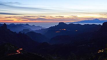 Dusk, dark mountains, light trails, Tenerife, Massif Central, mountain landscape, Gran Canaria, Canary Islands, Spain, Europe