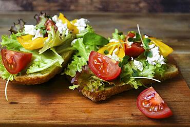 Vegetarian sandwich with tomato, feta and salad