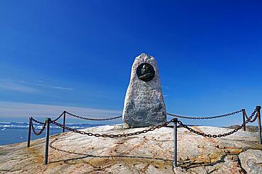 Stone monument to Knud Rasmussen, ethnologist, polar explorer, Ilulissat, Denmark, Greenland, North America