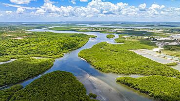 Aerial of the Vaza-Barris river, Unesco site Sao Cristovao, Sergipe, Brazil, South America