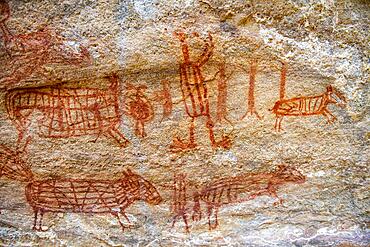 Rock art painting at Pedra Furada, Unesco site Serra da Capivara National Park, Piaui, Brazil, South America