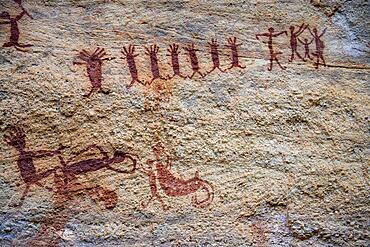 Rock art painting at Pedra Furada, Unesco site Serra da Capivara National Park, Piaui, Brazil, South America