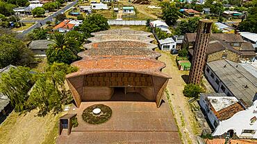 Aerial of the Unesco world heritage site, the work of engineer Eladio Dieste: Church of Atlantida, Uruguay, South America