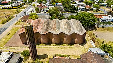 Aerial of the Unesco world heritage site, the work of engineer Eladio Dieste: Church of Atlantida, Uruguay, South America