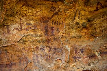 Rock art painting at Pedra Furada, Unesco site Serra da Capivara National Park, Piaui, Brazil, South America