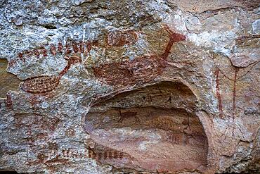 Rock art painting at Pedra Furada, Unesco site Serra da Capivara National Park, Piaui, Brazil, South America