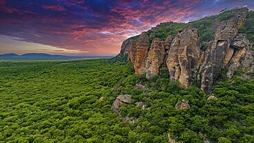 Aerial of the Sandstone cliffs in the Unesco site Serra da Capivara National Park, Piaui, Brazil, South America