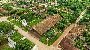 Aerial of the San Miguel mission, Unesco site Jesuit Missions of Chiquitos, Bolivia, South America