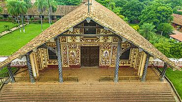 Aerial of the San Miguel mission, Unesco site Jesuit Missions of Chiquitos, Bolivia, South America