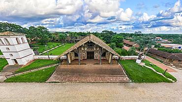 Aerial of the San Miguel mission, Unesco site Jesuit Missions of Chiquitos, Bolivia, South America