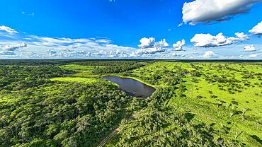 Aerial of a lake near the Santa Ana mission, Unesco site Jesuit Missions of Chiquitos, Bolivia, South America