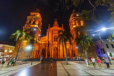 Cathedral Basilica of St. Lawrence at nighttime, Santa Cruz de la Sierra, Bolivia, South America