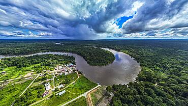 Aerial of the Suriname river at Pokigron, Suriname, South America