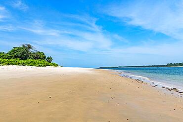 Long sandy beach on a little islet in Marinho Joao Vieira e Poilao National Park, Bijagos archipelago, Guinea Bissau