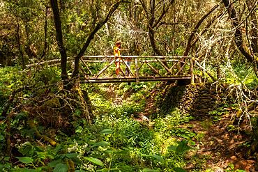 A mother on a bridge on the La Llania trekking trail in El Hierro, Canary Islands. lush green landscape