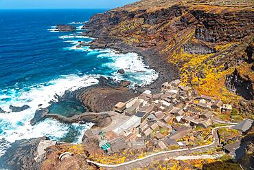 View from above of the fishing village of Pozo de las Calcosas on the island of El Hierro. Canary Islands, municipality of Valverde