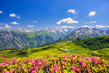 Panorama from Fellhorn, central main ridge of the Allgaeu Alps, Allgaeu, Bavaria, Germany, Europe