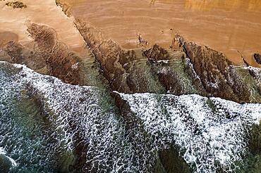 Water and sand at Praia de porto mos, aerial view, Lagos, Algarve, Portugal, Europe