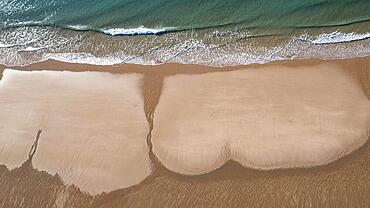 Whimsical formations on the sandy beach, Praia de porto mos, aerial view, Lagos, Algarve, Portugal, Europe