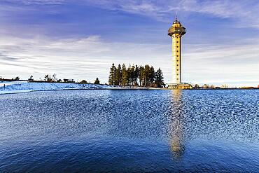 Ettelsberg lake with high heath tower, observation tower in winter, storage pond, Ettelsberg, Willingen, Upland, Rothaar Mountains, Sauerland, Hesse