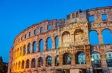 Detail of the Pula Arena in Croatia at night