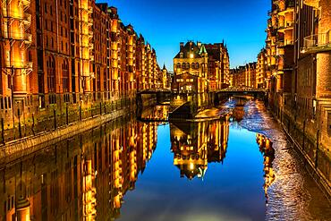 The historic Speicherstadt in Hamburg, Germany, by night, Europe