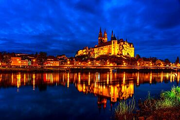 View at the blue hour on Meissen with Castle Hill, Cathedral and Albrechtsburg, Germany, Europe